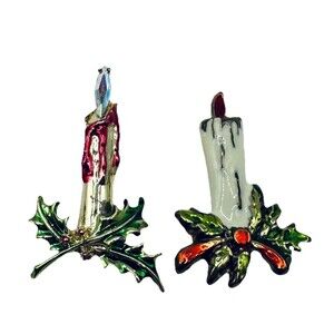 Vintage Christmas Candle Brooch / Pin Lot Of 2 - 1 with Rhinestone Flame Accent